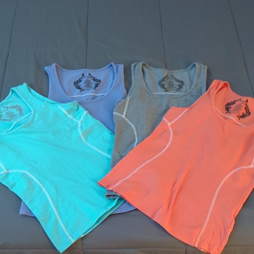 Set of Four Sleeveless Tops in Blue, Gray, and Orange